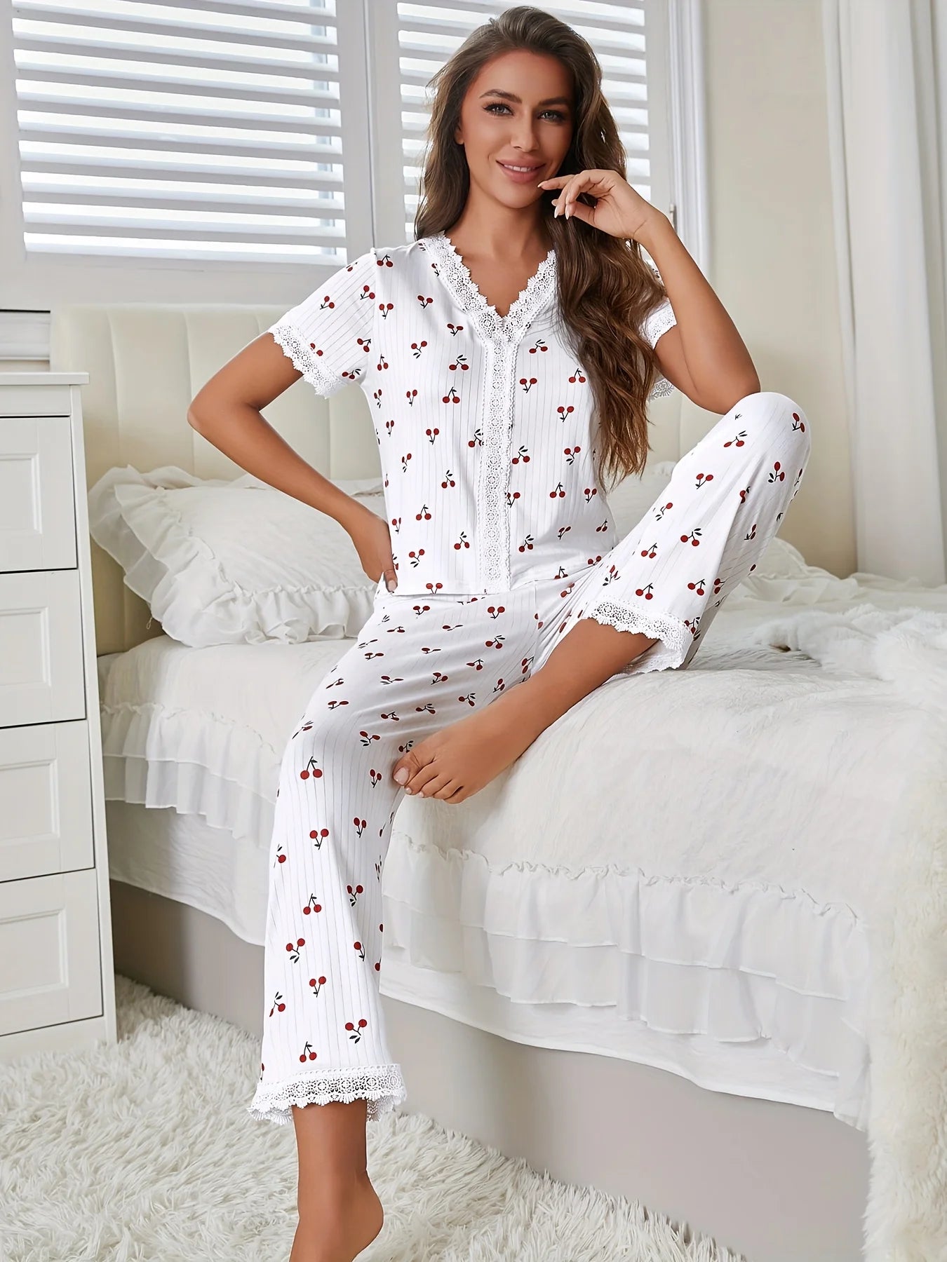 Autumn Winter Cherry Print 2 Pieces Pajamas Set for Women Sleepwear Lace Trim Short Sleeve Top and Trousers Homewear
