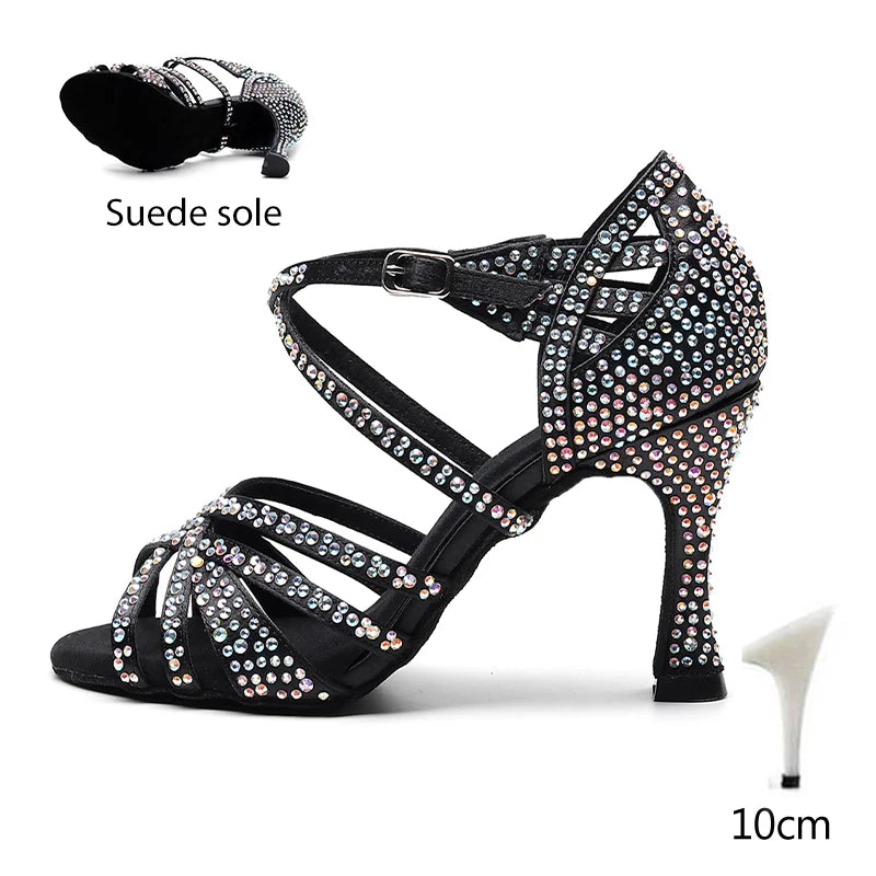 HROYL Ballroom Latin Dance Shoes Ladies Girls New Silk Satin Shiny Rhinestone Cuban High Heels Party Salsa Dance Shoes Women