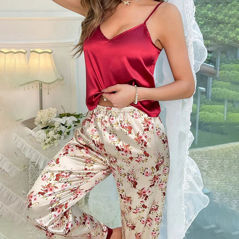 Sexy Floral Print Satin Pajama Set For Women Satin Sleeveless V-Neck Slip Cami Top And Long Pants For Fall Fit Silky Sleepwear