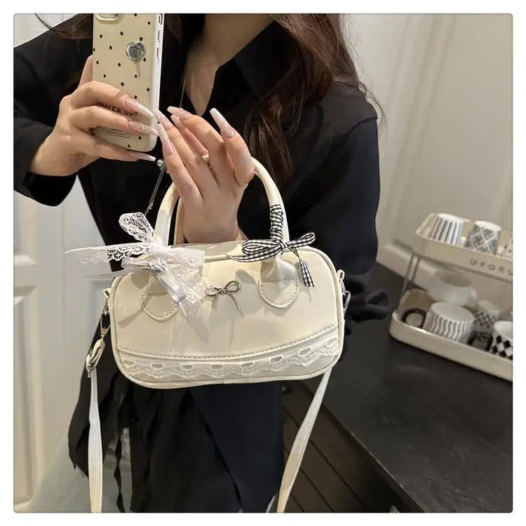 Simple Elegant Handbag Boston Shoulder bag Lace Ribbon Bow Decor Crossbody Bag Small Square Bag Casual Women Bags ﻿