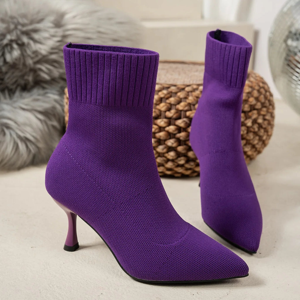 Spring Autumn Women Ankle Boots Slip-On Green Chelsea Boots Women Luxury Stretch Fabric Women Socks Shoes Pointed Toe High Heels