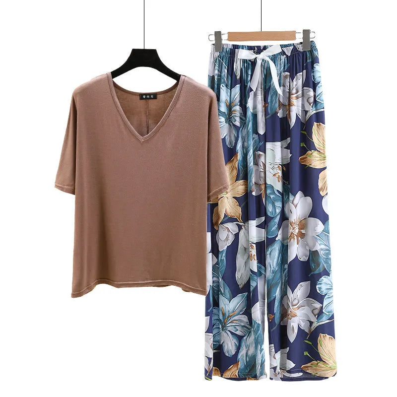 V Neck Tshirt with Poplin Floral wide leg pants summer cool pajamas sets Loose casual homewear suit Rayon Loungewear all match