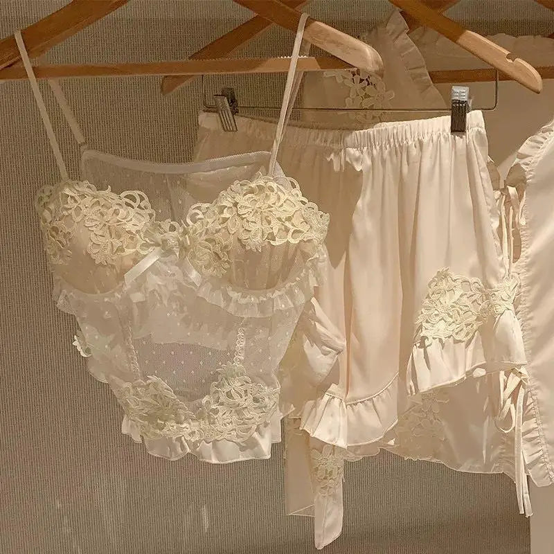 Palace Vintage Embroider Lace Floral Pajamas Set Sexy Sleepwear Satin Cami Top Shorts Pants Pijama Mujer Summer New Lingerie