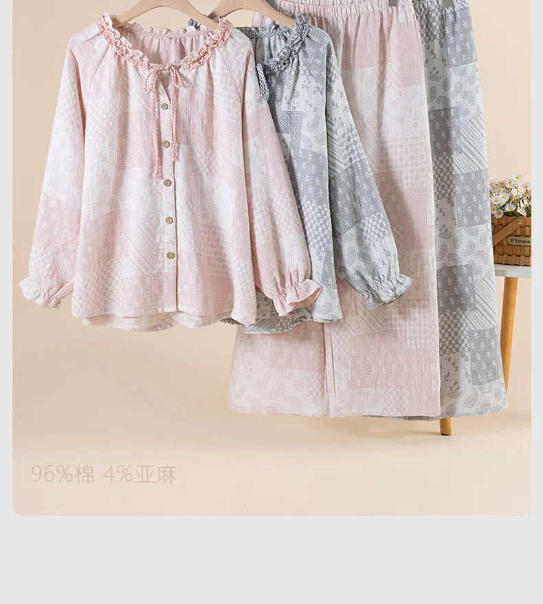Cottagecore Romantic Pajama Set Women Soft Cotton Gauze Ruffle Neck Loungewear Sweet Patchwork Print Sleepwear 2 Piece Suit