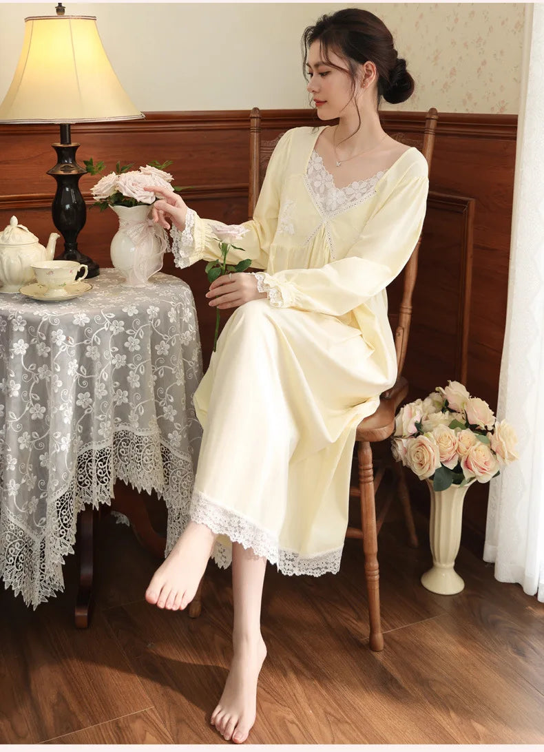 Vintage Victorian Nightgown Women Lace Embroidered Palace Style Princess Sleep Dress Cotton Soft Romantic French Loungewear