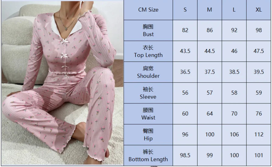 Women Sleepwear Autumn Winter Floral Print Pajamas Set Long Sleeve Top and Long Pants 2 Piece Casual Homewear Loungewear