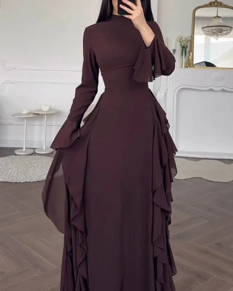 2025 European and American Women's Elegant Casual High-Waisted Solid-Colour Bell-Sleeve Dress Long Dress with Long Sleeves