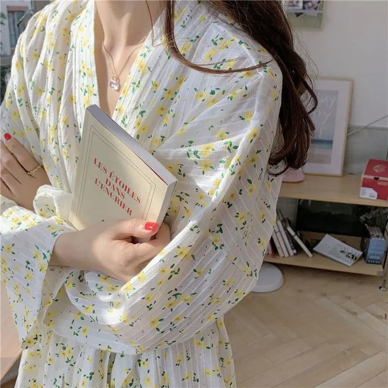 Korean Style Floral Pajamas Spring and Summer Sweet Bow Tie Pajama Girl Long Sleeved Trousers Student Dormitory Home Clothes Hot