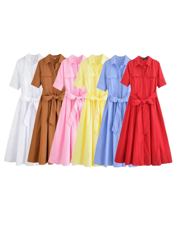 HH Women Summer Lapel Short Sleeve Pocket Single-Breasted Belt Decorate Midi Dress Female Fashion Shirt Style Pleated Dress