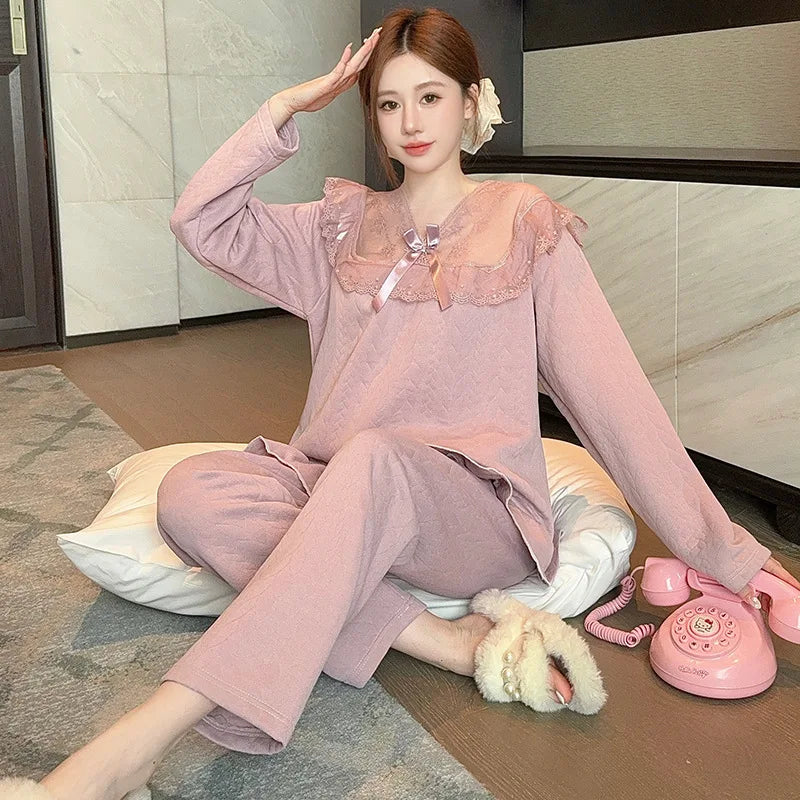 M-5XL Large Size Princess Sle Pajamas Set Women Autumn Long Sleeve Pants Home Clothes Lace Trim Solid Spwear Two Piece Set