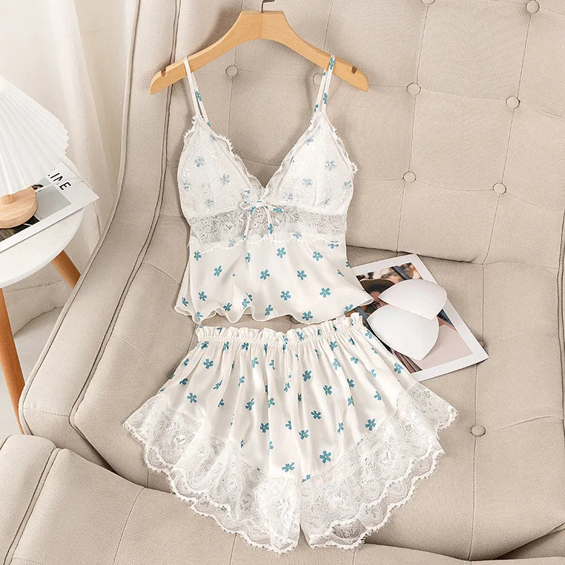 Sexy Suspender Pajamas Set Sleepwear Print Flower Lace Trim Sleepwear Intimate Lingerie Summer New Silk Satin Nightwear Homewear