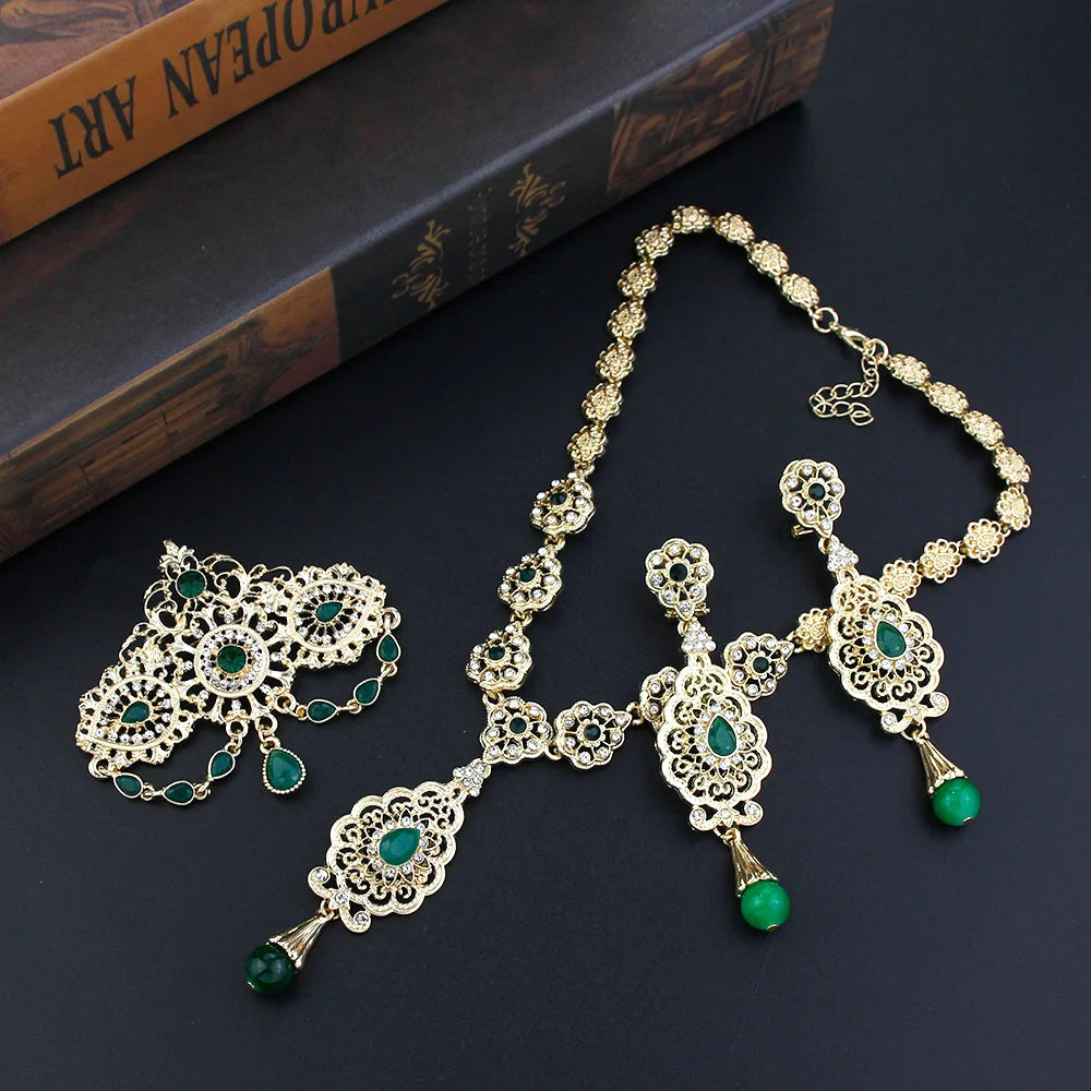 New Gold Color Algeria Bride Wedding Jewelry Set For Women Morocco Earring Necklace Brooch Arabic Traditional Jewelry