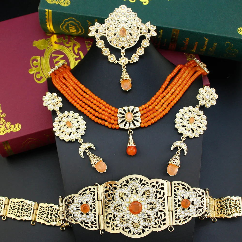 Sunspicems Moroccan Jewelry Sets For Women Gold Color Caftan Waist Chain Belt Orange Bead Choker Necklace Drop Earring Brooch