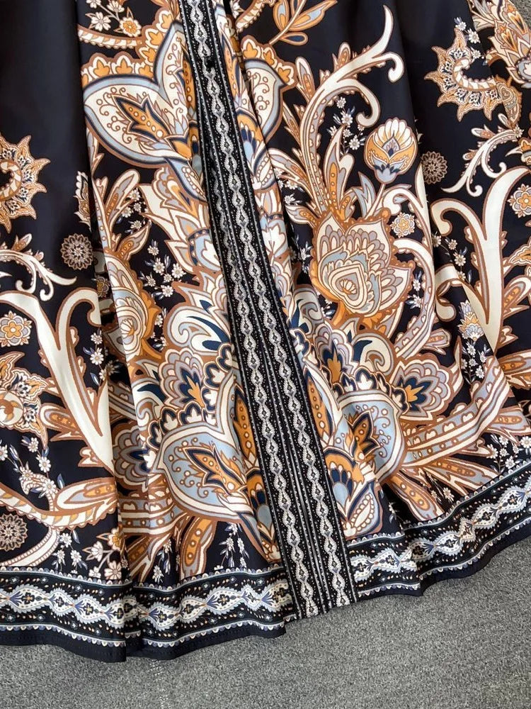 Elegant Vintage Court Style Long Sleeve Collared Slim Fit Print Shirt Dress Knitted Fabric Midi Skirt Length Button Detail
