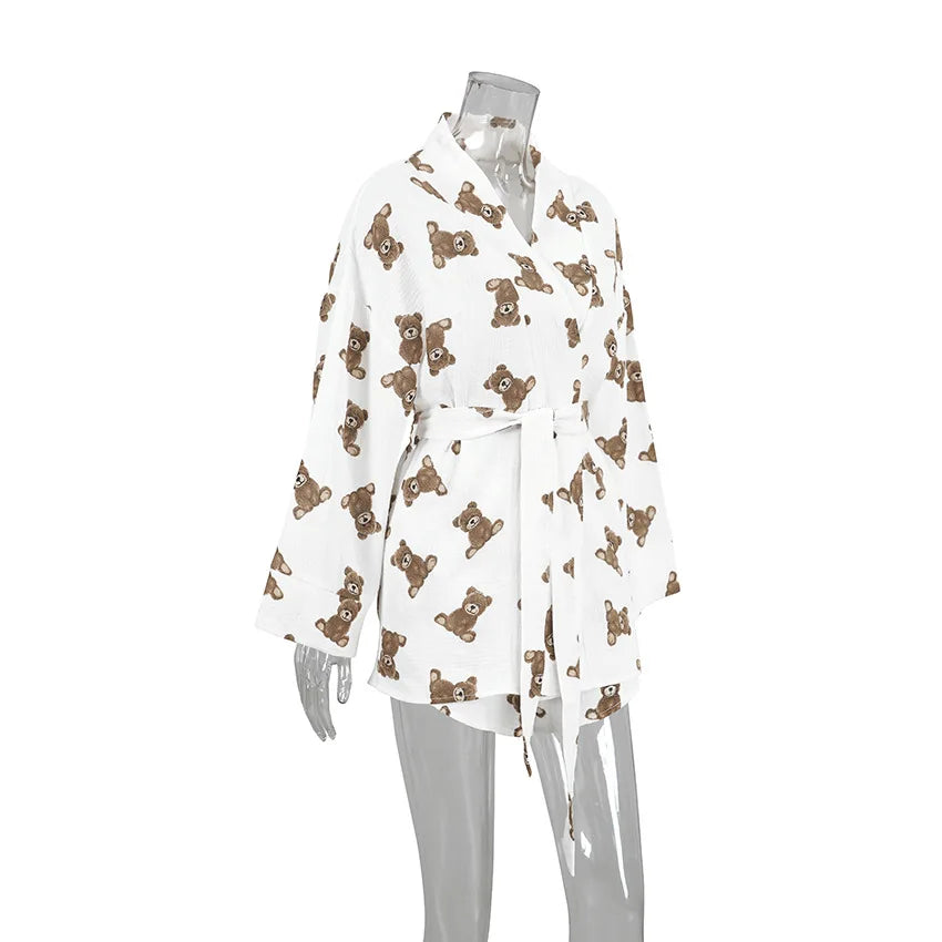 2024 Spring New European and American Pure Cotton Cute Print Warm Long sleeved Shorts and Pajamas Two piece Home Set