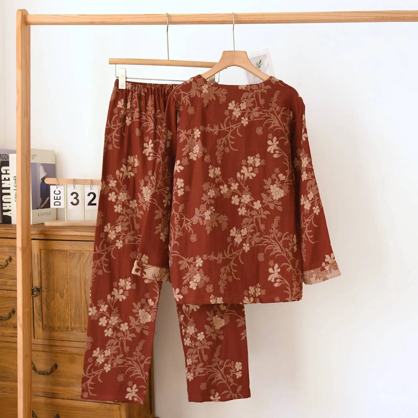 Round Neck Plum Blossom Printing Cotton Color Woven Homewear Women's Pajamas Set National Style Long Sleeve Long Trousers