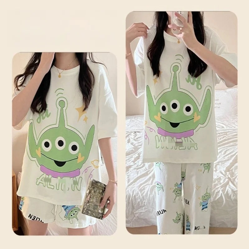 Summer Women's Round Neck Pajama Set Three Piece Short Sleeve+Shorts+Pants Cartoon Home Clothes Set