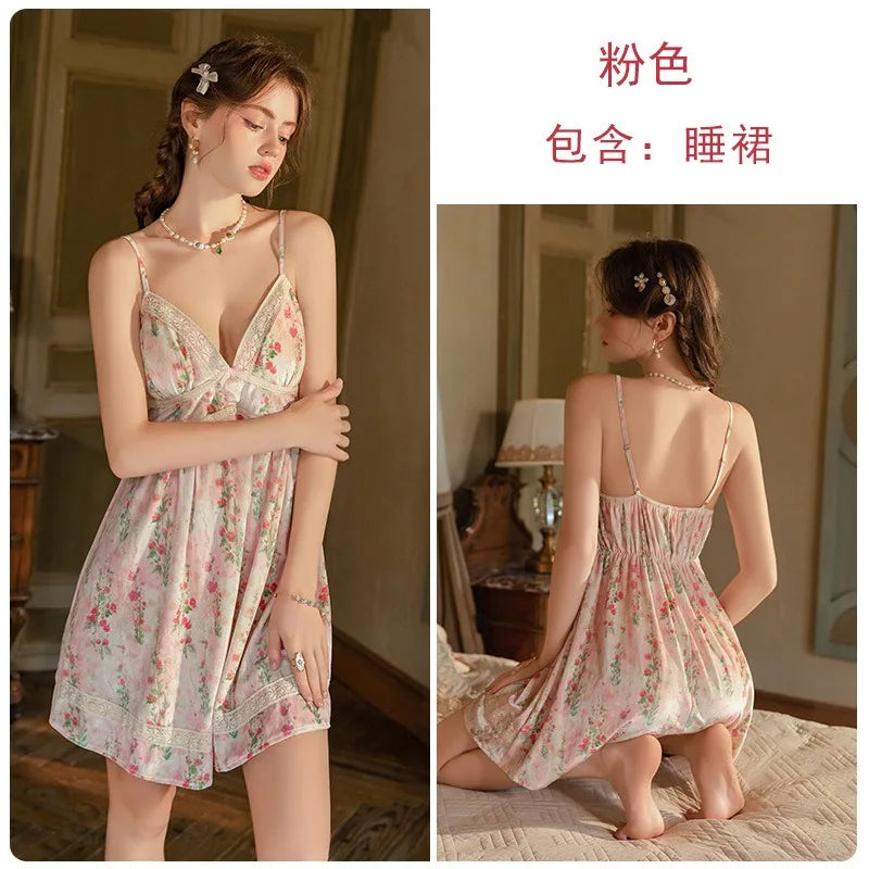 Velvet floral Nightgown Set deep V temptation with chest cushion sling dress and robe set sweet homewear Phoentin FG710