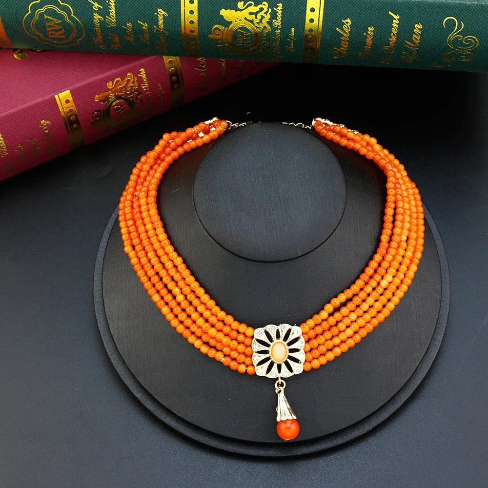 Sunspicems Moroccan Jewelry Sets For Women Gold Color Caftan Waist Chain Belt Orange Bead Choker Necklace Drop Earring Brooch