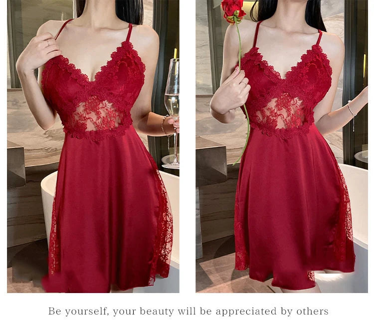 2025 new sexy camisole nightgown women's lace home sleepwear satin deep V backless luxury camisole sleepwear plus size red black