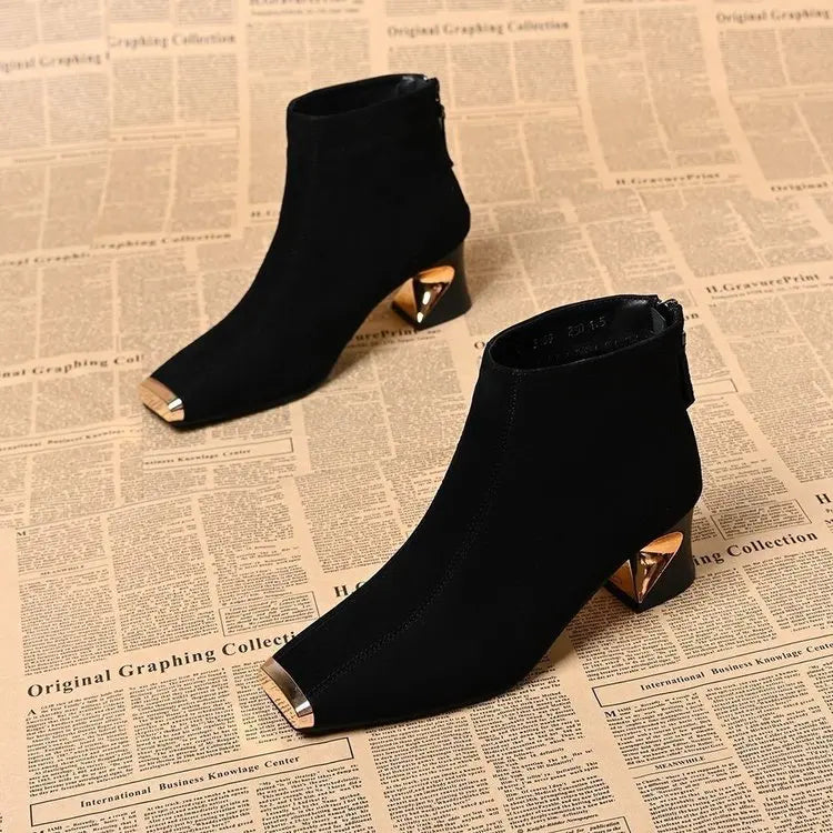 2025 New Women's Retro Square Toe Suede Ankle Boots - Metal Toe Back Zipper Chunky Heel  Boots Design Autumn Winter