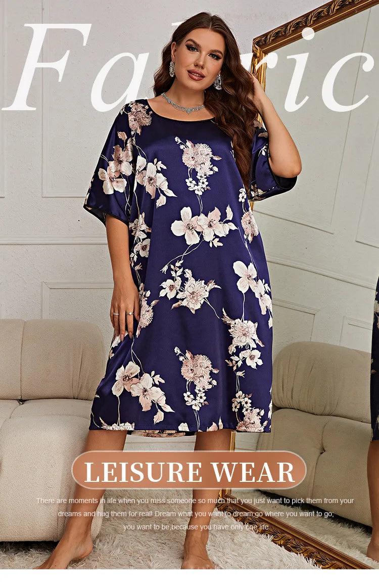 LX New plus size sleepwear, women's mid to long print pullover dress, home wear, silk ice silk nightgown