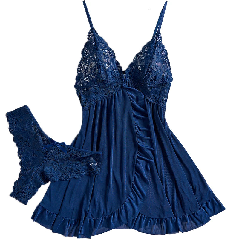 Transparent Lace Women Erotic Open Bra Blue Sling Nightgown Underpants Set Deep V Wedding Night Nightgown Sexy Lingerie Costumes