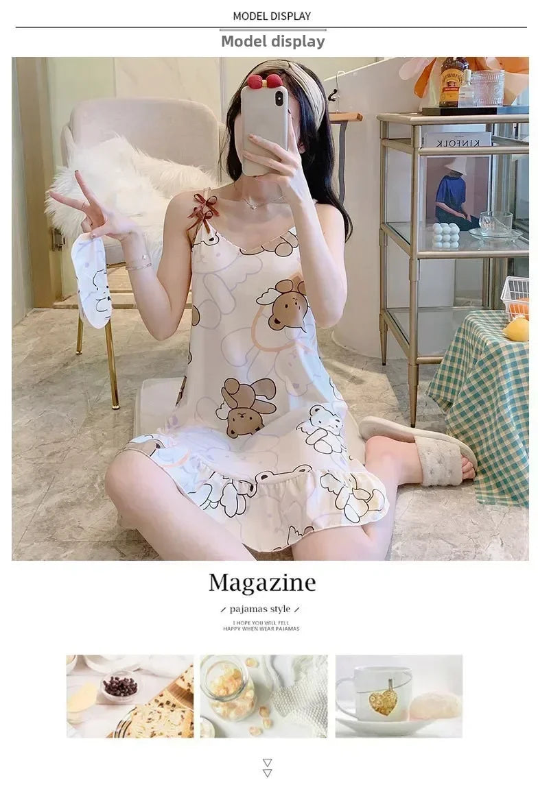 New with Bra Pad, Free Eye Mask, Sling, Loose and Cute Cartoon Animal Pajamas, Nightgown Role-playing Sleepwear Women