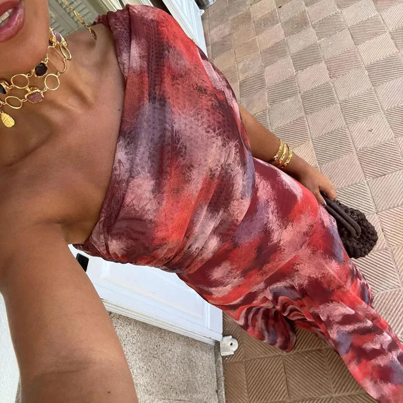 Sexy One Shoulder Sleeveless Pleated Long Dress Woman Spring Elegant Print Swing Party Dress Summer Backless Hollow Boho Dresses