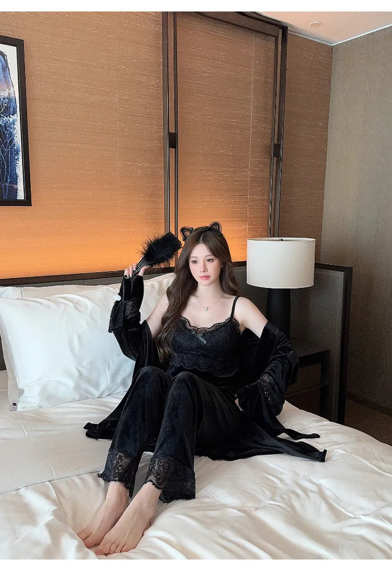 Warm Home Clothes Lady Sexy Lace Flower Trim Nightwear 3Pcs Velour Pajamas Set Luxury Velvet Cami Top&pants Loungewear Winter