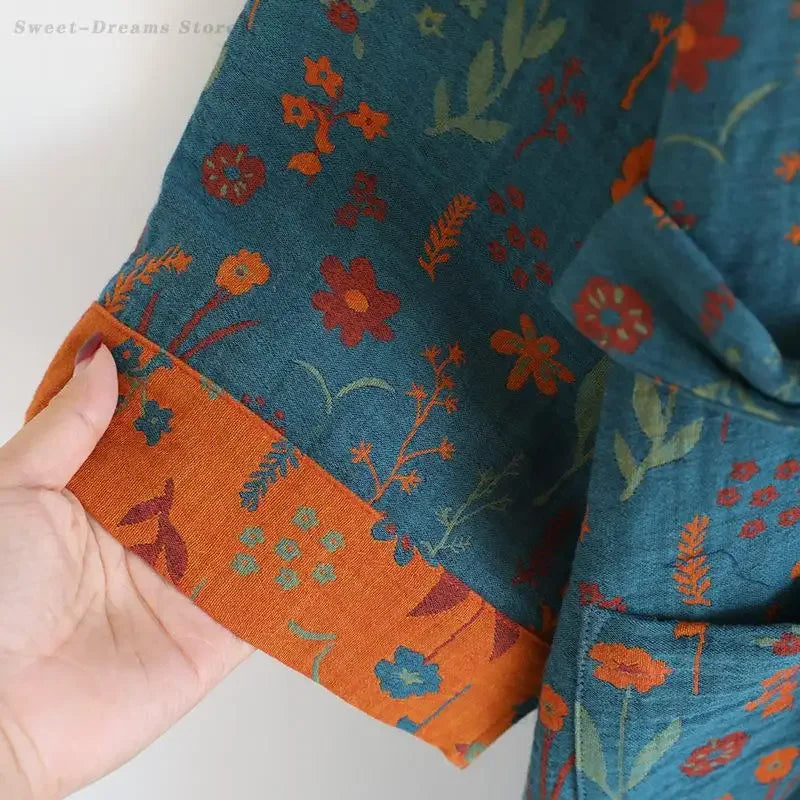 Spring Summer Yukata Print Flower Cotton Robe Sleepwear Female Japanese Retro Kimono Bathrobe Loose Casual Home Dressing Gown