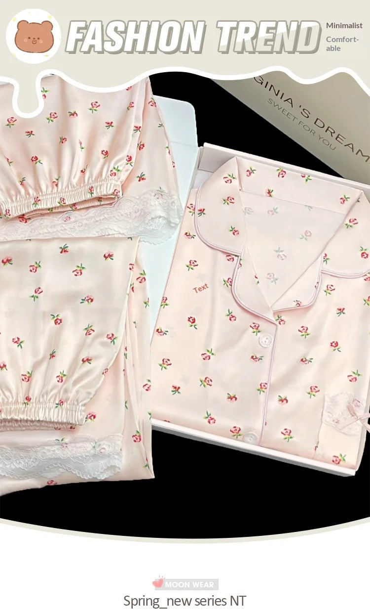 Sweet Floral Ins-Style Ice Silk Pure Desire Girl Pajamas Short-Sleeve Three-Piece Set Summer Satin Lace-Trimmed Loungewear