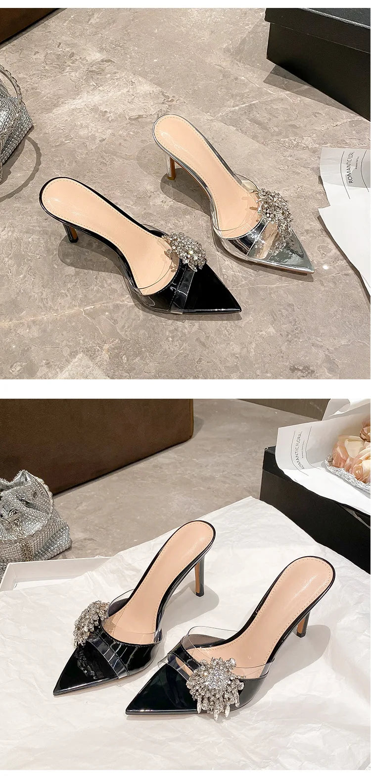 Sexy lady 2026 Diamond-Encrusted Pointed-Toe Mules Women's Sandals Transparent High Heels Sexy Thin Heel Versatile Slipperss