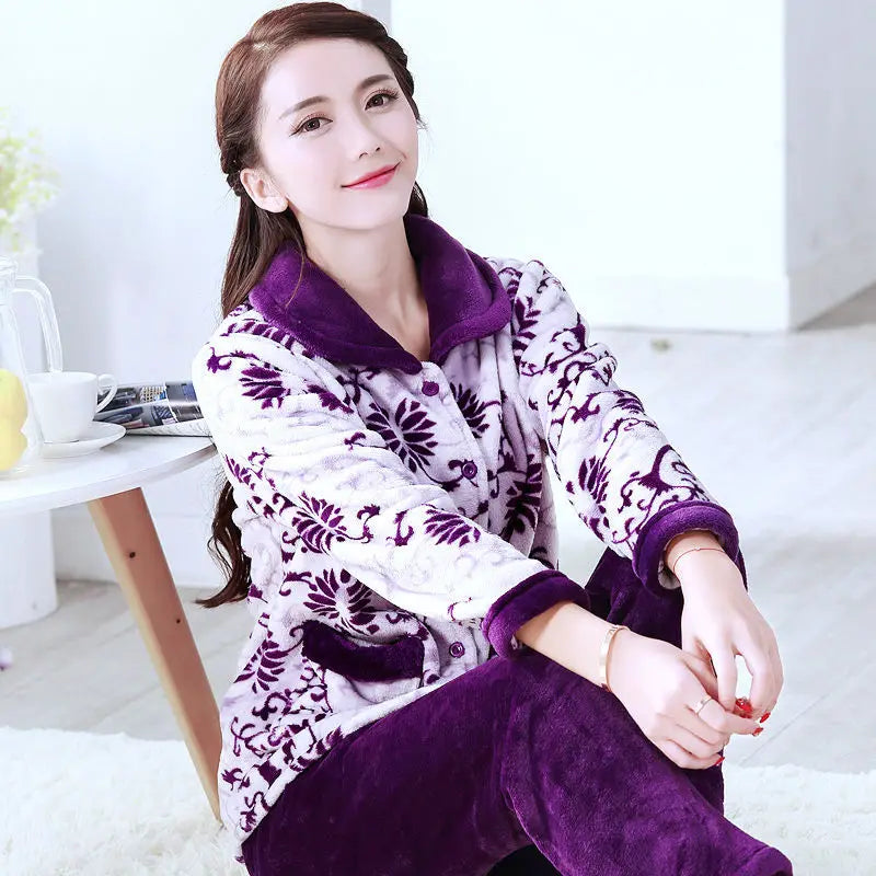 Winter Pajama Sets Women Single Breasted Tops Ankle Length Pants Thicker Cozy Nightwear Flannel Floral Warm Lounge Trendy Casual