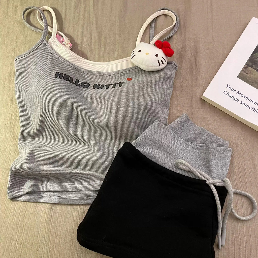 Cute Hello Kitty fake two-piece suspender shorts pajamas women's summer casual loungewear two-piece set can be worn outside