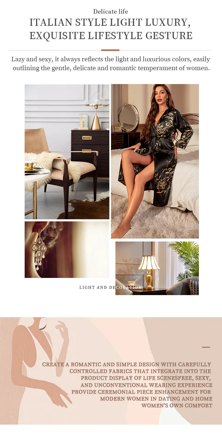 2025New Silk Kimono Robe for Women Floral Print Long Sleeve Lightweight Sexy Sleepwear Lace Up Bathrobe
