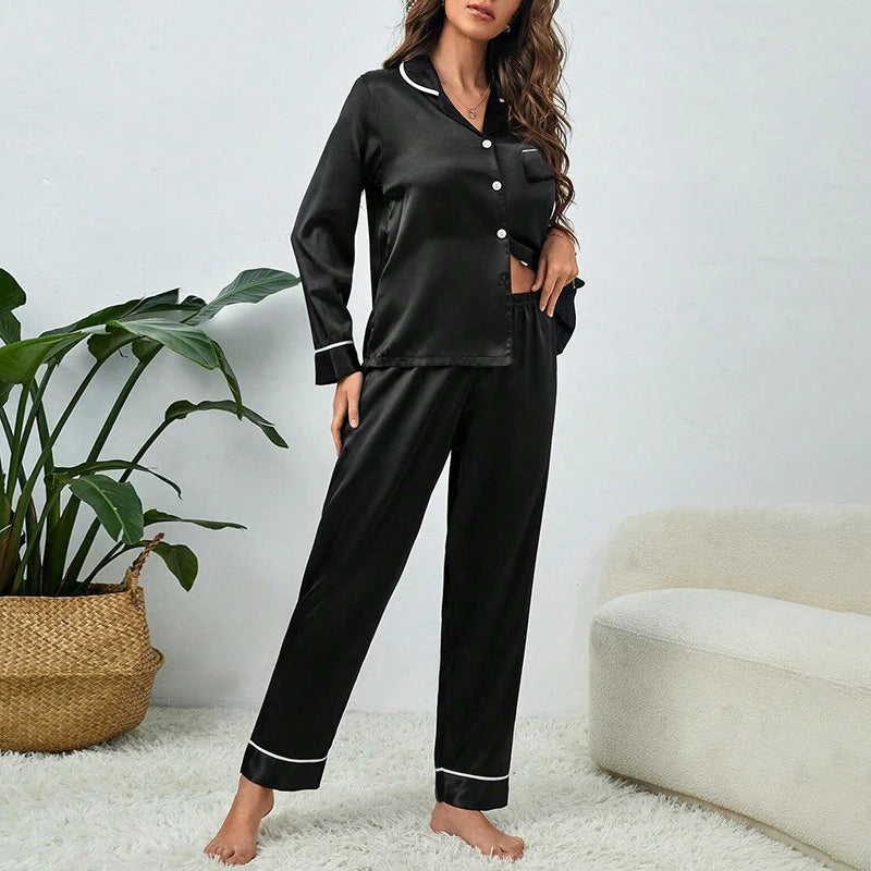 Spring Autumn pajama women Silk Satin pajamas set Long sleeve Shirt with Trouser Sleepwear Loungewear Female Pyjamas Suits Mujer