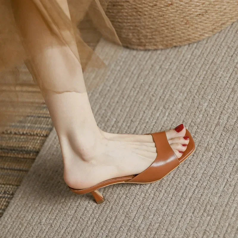 Genuine Leather French Slim Heel Slippers for Women's Summer New Fashionable Sandals Women Sweet Round Toe Slipper Ladies Shoes