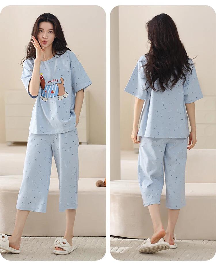 MiiOW 2Pcs Summer Women's Pajamas Set Cotton Short Sleeve Woman Homewear Cute Pink Patchwork Print Girls Pajamas Woman Sleepwear