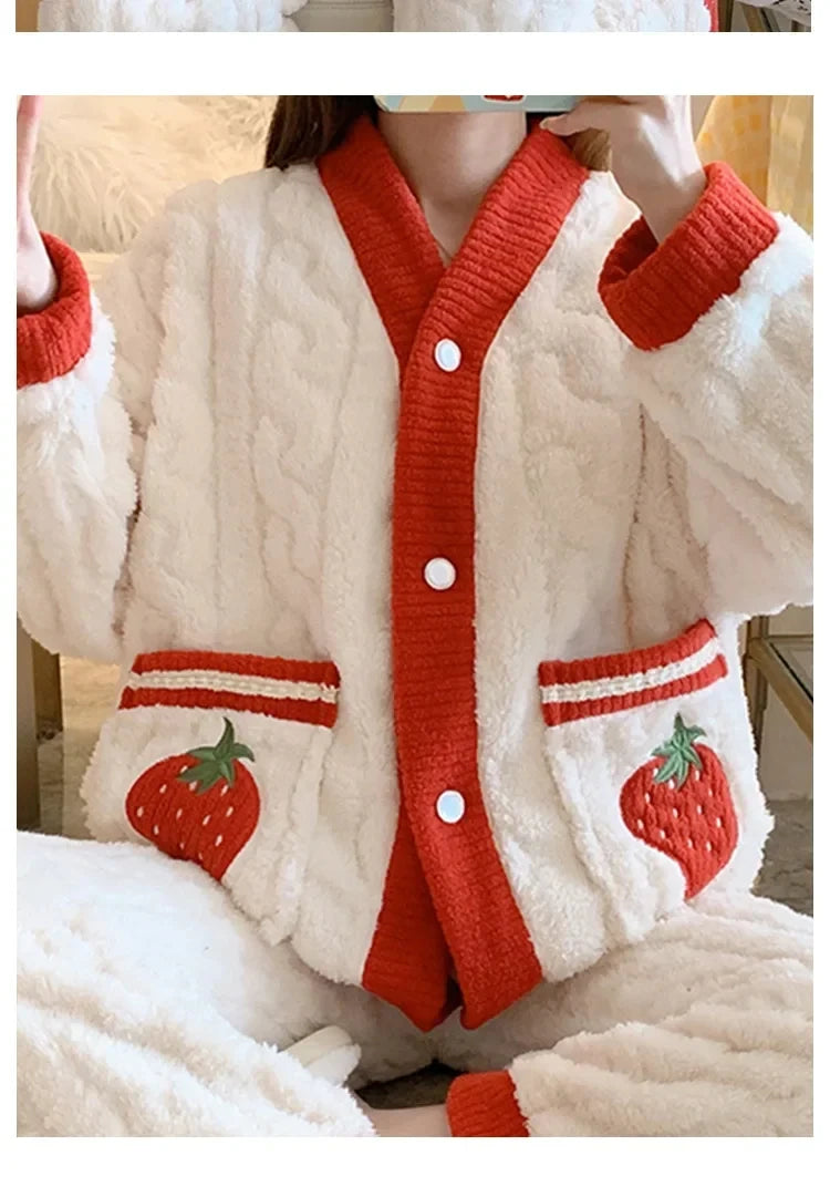 Pyjama épais en flanelle et velours corail fraise, vêtements de maison pour femmes, ensemble de vêtements de nuit à col en v, sa