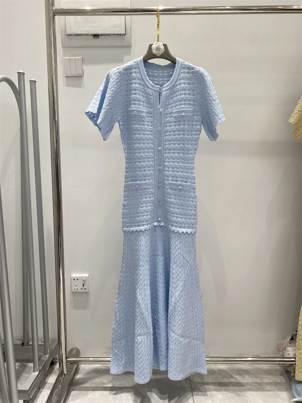 New summer single-breasted round neck knit crochet short-sleeved dress, high-quality and fashionable over-the-knee long skirt