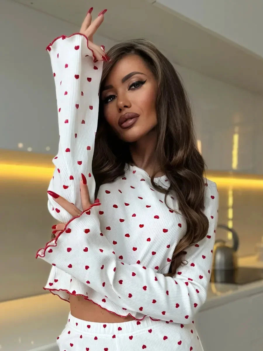 Autumn Winter Pajama Set Women 2pcs Y2K-Style Cherry Print Cuffed-Long-Sleeve Tops and Long Trousers Sleepwear Homewear