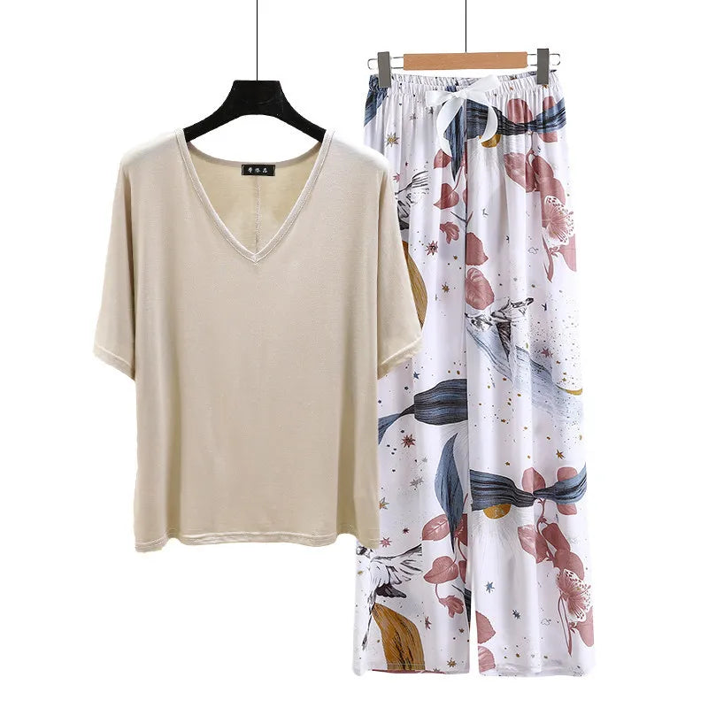 V Neck Tshirt with Poplin Floral wide leg pants summer cool pajamas sets Loose casual homewear suit Rayon Loungewear all match