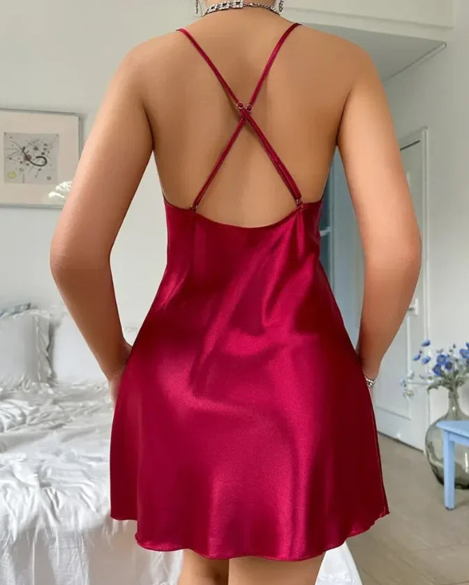 new fashion 2025 casual Satin Floral Embroidery Mesh Patchwork V-Neck Spaghetti Strap Mini Nightgown Sexy Babydoll