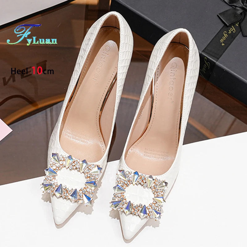 FyLuan New Fashion Women Pumps Rhinestone Square Ladies Shoes Pointed Beaded Female High Heels Sexy Comfortable Lady Stiletto