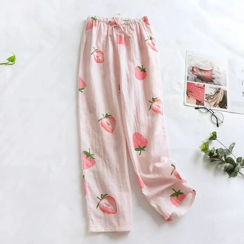 Women's Pure Cotton Pajama Pants Home Pants Double-layer Gauze Elastic Band Loose Casual Pants Cute Strawberry Home Pants 2024
