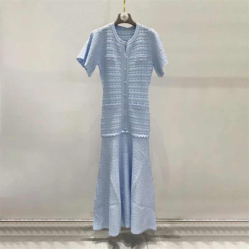 New summer single-breasted round neck knit crochet short-sleeved dress, high-quality and fashionable over-the-knee long skirt