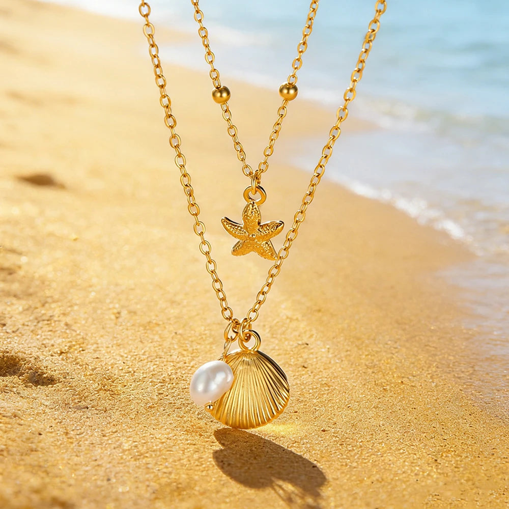 Beach Shell Starfish Pearl Necklace for Woman Girls Summer Vacation Gold Color 2 Layers Stainless Steel Pendant Chain Jewelry