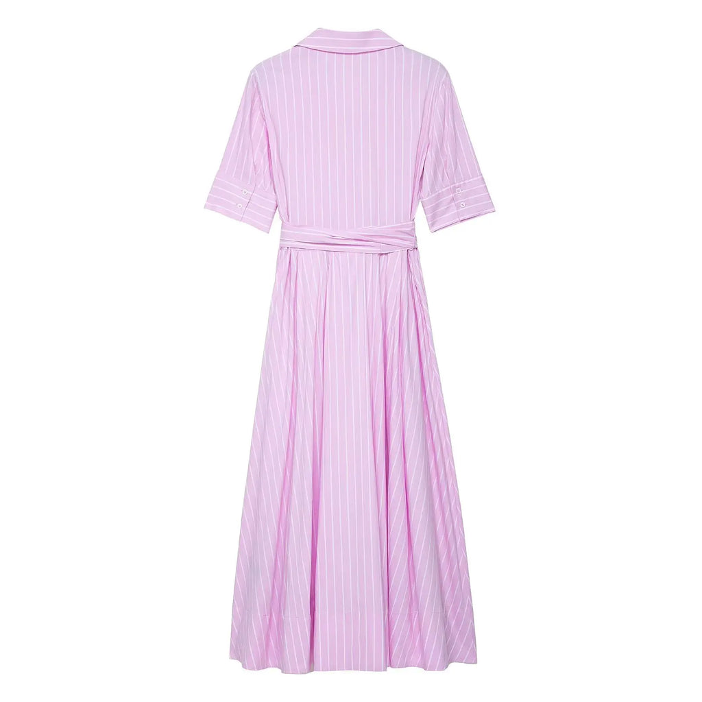 HH Women Summer Lapel Short Sleeve Pocket Single-Breasted Belt Decorate Midi Dress Female Fashion Shirt Style Pleated Dress