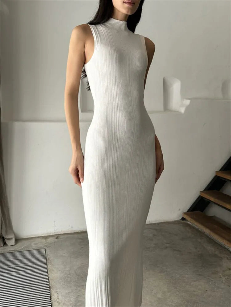 2025 Spring Sleeveless Knitwear Turtleneck Long Dress Female Slim Elegant Fashion Autumn Ribbed Knit Dress For Women Maxi Dress